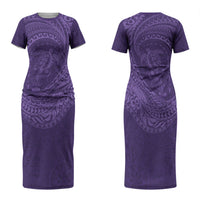 Hawaiian Turtle and Shark Couples Matching Short Sleeve Bodycon Dress and Long Sleeve Button Shirt Kakau Tribal with Polynesian Pattern Purple Color