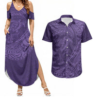 Hawaiian Turtle and Shark Couples Matching Summer Maxi Dress and Hawaiian Shirt Kakau Tribal with Polynesian Pattern Purple Color