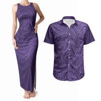 Hawaiian Turtle and Shark Couples Matching Tank Maxi Dress and Hawaiian Shirt Kakau Tribal with Polynesian Pattern Purple Color