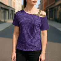 Hawaiian Turtle and Shark Cross Shoulder Shirt Kakau Tribal with Polynesian Pattern Purple Color
