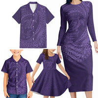 Hawaiian Turtle and Shark Family Matching Long Sleeve Bodycon Dress and Hawaiian Shirt Kakau Tribal with Polynesian Pattern Purple Color