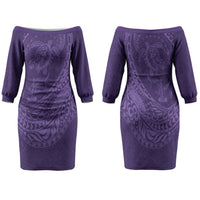 Hawaiian Turtle and Shark Family Matching Off The Shoulder Long Sleeve Dress and Hawaiian Shirt Kakau Tribal with Polynesian Pattern Purple Color