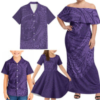 Hawaiian Turtle and Shark Family Matching Off Shoulder Maxi Dress and Hawaiian Shirt Kakau Tribal with Polynesian Pattern Purple Color