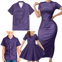 Hawaiian Turtle and Shark Family Matching Short Sleeve Bodycon Dress and Hawaiian Shirt Kakau Tribal with Polynesian Pattern Purple Color