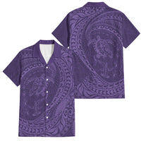 Hawaiian Turtle and Shark Family Matching Short Sleeve Bodycon Dress and Hawaiian Shirt Kakau Tribal with Polynesian Pattern Purple Color