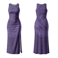Hawaiian Turtle and Shark Family Matching Tank Maxi Dress and Hawaiian Shirt Kakau Tribal with Polynesian Pattern Purple Color