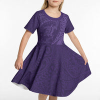 Hawaiian Turtle and Shark Kid Short Sleeve Dress Kakau Tribal with Polynesian Pattern Purple Color