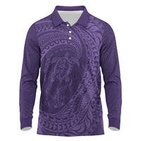 Hawaiian Turtle and Shark Long Sleeve Polo Shirt Kakau Tribal with Polynesian Pattern Purple Color
