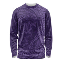 Hawaiian Turtle and Shark Long Sleeve Shirt Kakau Tribal with Polynesian Pattern Purple Color