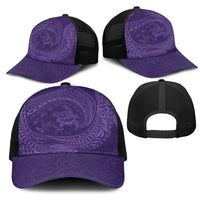 Hawaiian Turtle and Shark Mesh Trucker Cap Kakau Tribal with Polynesian Pattern Purple Color