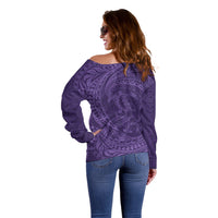 Hawaiian Turtle and Shark Off Shoulder Sweater Kakau Tribal with Polynesian Pattern Purple Color