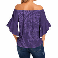 Hawaiian Turtle and Shark Off Shoulder Wrap Waist Top Kakau Tribal with Polynesian Pattern Purple Color