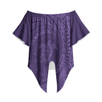 Hawaiian Turtle and Shark Off Shoulder Wrap Waist Top Kakau Tribal with Polynesian Pattern Purple Color