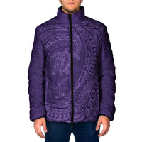 Hawaiian Turtle and Shark Padded Jacket Kakau Tribal with Polynesian Pattern Purple Color