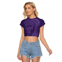 Hawaiian Turtle and Shark Raglan Cropped T Shirt Kakau Tribal with Polynesian Pattern Purple Color