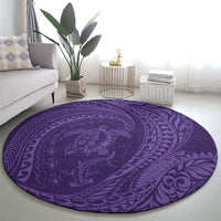 Hawaiian Turtle and Shark Round Carpet Kakau Tribal with Polynesian Pattern Purple Color