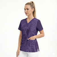 Hawaiian Turtle and Shark Scrub Top Kakau Tribal with Polynesian Pattern Purple Color