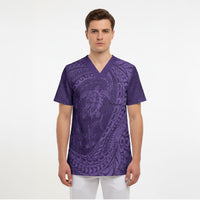 Hawaiian Turtle and Shark Scrub Top Kakau Tribal with Polynesian Pattern Purple Color