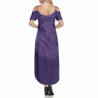 Hawaiian Turtle and Shark Summer Maxi Dress Kakau Tribal with Polynesian Pattern Purple Color