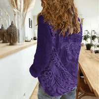 Hawaiian Turtle and Shark Women Casual Shirt Kakau Tribal with Polynesian Pattern Purple Color