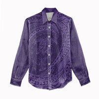 Hawaiian Turtle and Shark Women Casual Shirt Kakau Tribal with Polynesian Pattern Purple Color