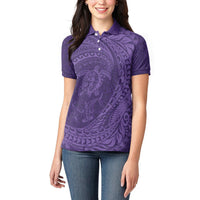 Hawaiian Turtle and Shark Women Polo Shirt Kakau Tribal with Polynesian Pattern Purple Color