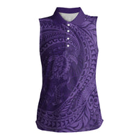 Hawaiian Turtle and Shark Women Sleeveless Polo Shirt Kakau Tribal with Polynesian Pattern Purple Color