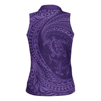 Hawaiian Turtle and Shark Women Sleeveless Polo Shirt Kakau Tribal with Polynesian Pattern Purple Color