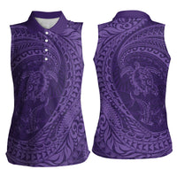Hawaiian Turtle and Shark Women Sleeveless Polo Shirt Kakau Tribal with Polynesian Pattern Purple Color