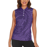 Hawaiian Turtle and Shark Women Sleeveless Polo Shirt Kakau Tribal with Polynesian Pattern Purple Color
