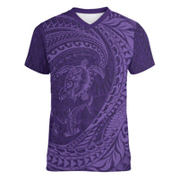Hawaiian Turtle and Shark Women V-Neck T-Shirt Kakau Tribal with Polynesian Pattern Purple Color