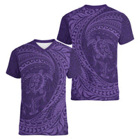 Hawaiian Turtle and Shark Women V-Neck T-Shirt Kakau Tribal with Polynesian Pattern Purple Color