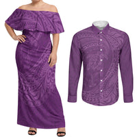 Hawaiian Turtle and Shark Couples Matching Off Shoulder Maxi Dress and Long Sleeve Button Shirt Kakau Tribal with Polynesian Pattern Pink Color