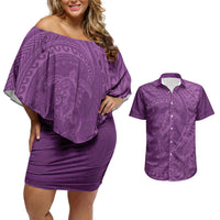 Hawaiian Turtle and Shark Couples Matching Off Shoulder Short Dress and Hawaiian Shirt Kakau Tribal with Polynesian Pattern Pink Color