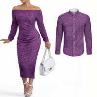 Hawaiian Turtle and Shark Couples Matching Off The Shoulder Long Sleeve Dress and Long Sleeve Button Shirt Kakau Tribal with Polynesian Pattern Pink Color
