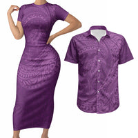 Hawaiian Turtle and Shark Couples Matching Short Sleeve Bodycon Dress and Hawaiian Shirt Kakau Tribal with Polynesian Pattern Pink Color