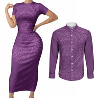 Hawaiian Turtle and Shark Couples Matching Short Sleeve Bodycon Dress and Long Sleeve Button Shirt Kakau Tribal with Polynesian Pattern Pink Color