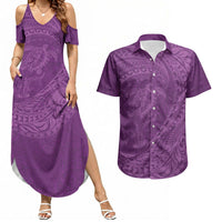 Hawaiian Turtle and Shark Couples Matching Summer Maxi Dress and Hawaiian Shirt Kakau Tribal with Polynesian Pattern Pink Color