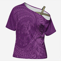 Hawaiian Turtle and Shark Cross Shoulder Shirt Kakau Tribal with Polynesian Pattern Pink Color