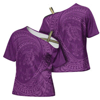 Hawaiian Turtle and Shark Cross Shoulder Shirt Kakau Tribal with Polynesian Pattern Pink Color