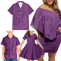 Hawaiian Turtle and Shark Family Matching Off Shoulder Short Dress and Hawaiian Shirt Kakau Tribal with Polynesian Pattern Pink Color