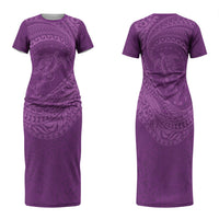 Hawaiian Turtle and Shark Family Matching Short Sleeve Bodycon Dress and Hawaiian Shirt Kakau Tribal with Polynesian Pattern Pink Color