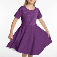 Hawaiian Turtle and Shark Kid Short Sleeve Dress Kakau Tribal with Polynesian Pattern Pink Color