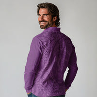 Hawaiian Turtle and Shark Long Sleeve Polo Shirt Kakau Tribal with Polynesian Pattern Pink Color