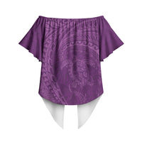 Hawaiian Turtle and Shark Off Shoulder Wrap Waist Top Kakau Tribal with Polynesian Pattern Pink Color