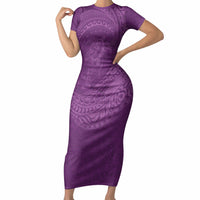 Hawaiian Turtle and Shark Short Sleeve Bodycon Dress Kakau Tribal with Polynesian Pattern Pink Color
