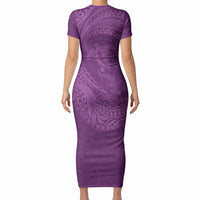 Hawaiian Turtle and Shark Short Sleeve Bodycon Dress Kakau Tribal with Polynesian Pattern Pink Color