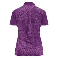Hawaiian Turtle and Shark Women Polo Shirt Kakau Tribal with Polynesian Pattern Pink Color