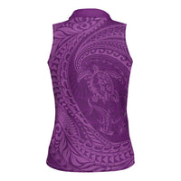 Hawaiian Turtle and Shark Women Sleeveless Polo Shirt Kakau Tribal with Polynesian Pattern Pink Color