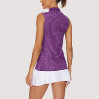 Hawaiian Turtle and Shark Women Sleeveless Polo Shirt Kakau Tribal with Polynesian Pattern Pink Color